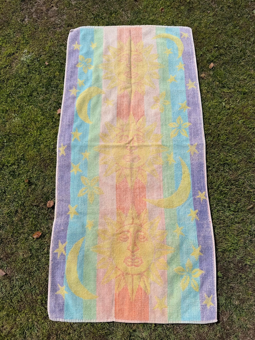 Vintage Pastel Stripe Celestial Sunface Beach Towel Sun Moon Stars 25x54 Fair